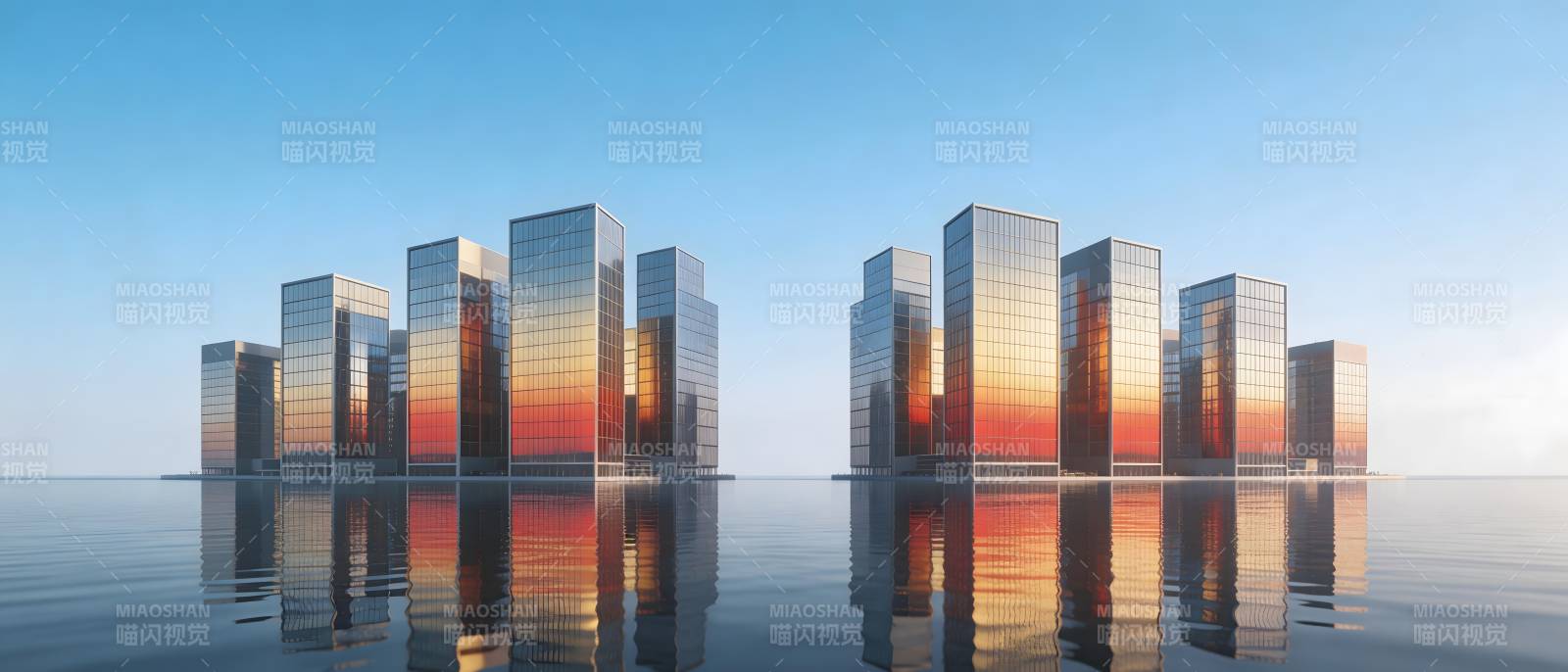 水镜之城 日落倒影图片