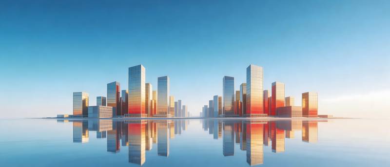 水镜都市 晨曦倒影图片