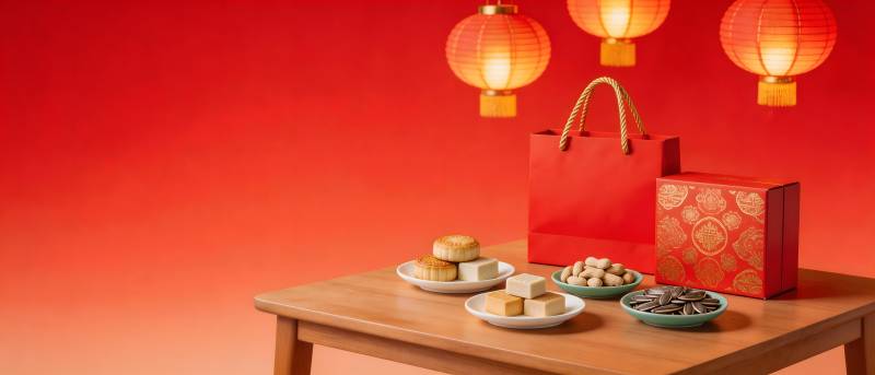 红灯笼下年味浓 礼盒糕点迎新春图片