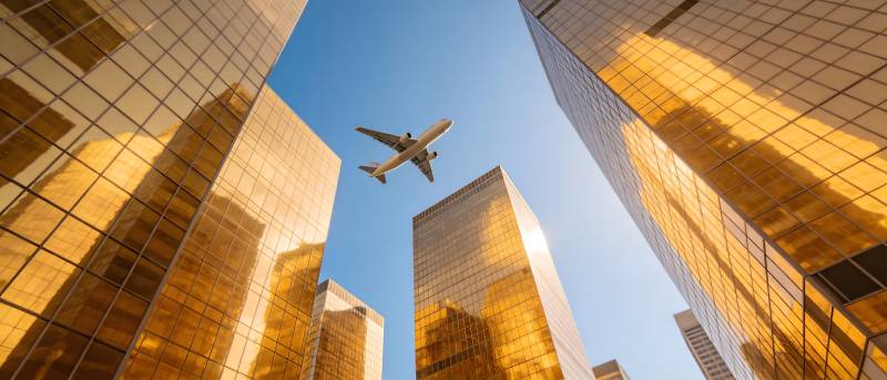 飞机掠过金色摩天楼群图片