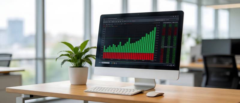 股市上涨趋势图显示在电脑屏幕上图片