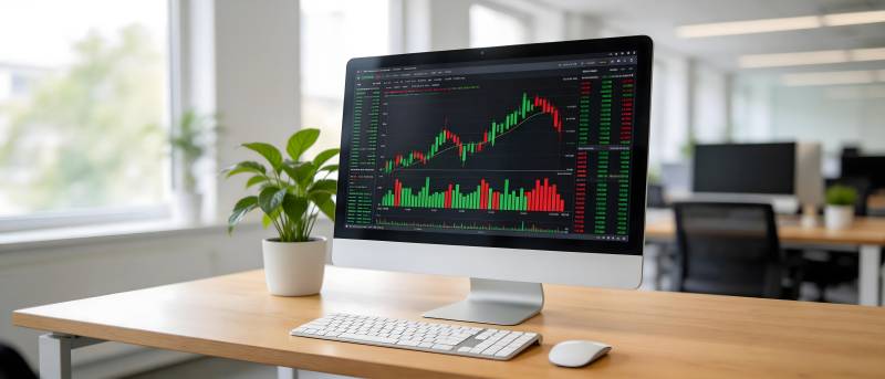 股市图表显示在电脑屏幕上图片