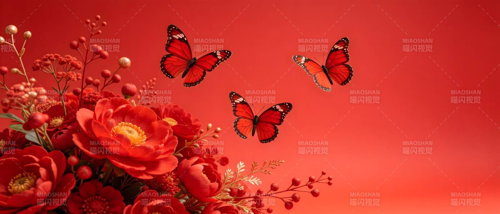 红蝶翩飞花盛放图片