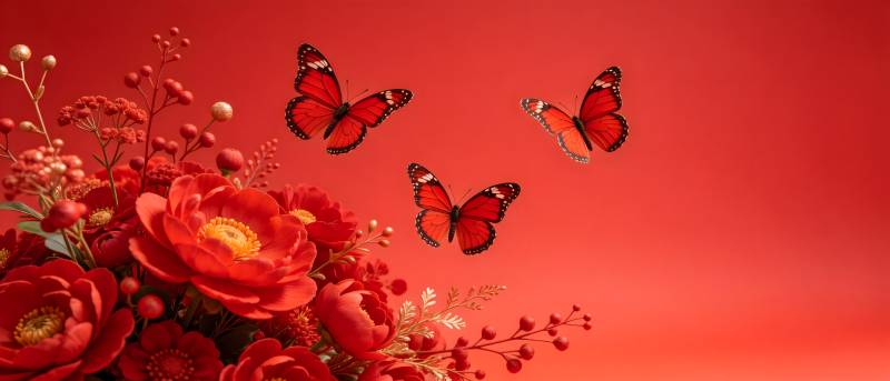 红蝶翩飞花盛放图片