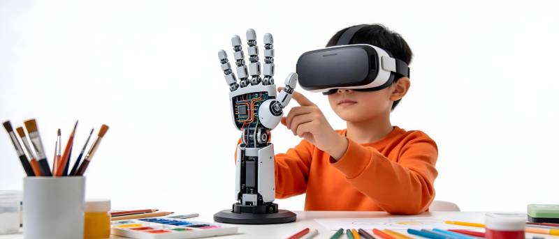 VR少年操控机械手图片