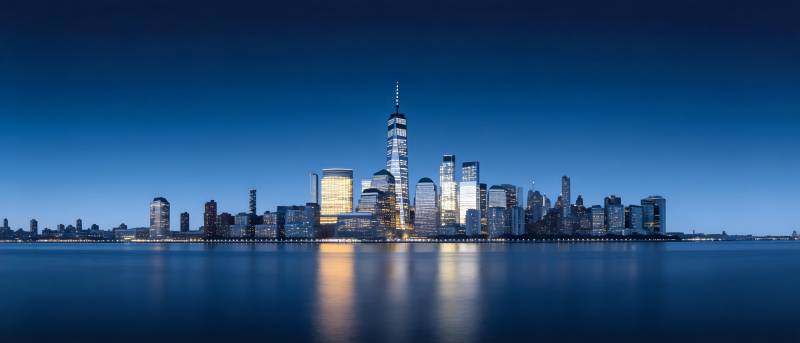 纽约夜景 自由塔映水光图片