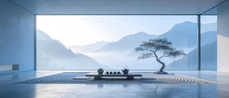 山景禅室 孤树映雾图片