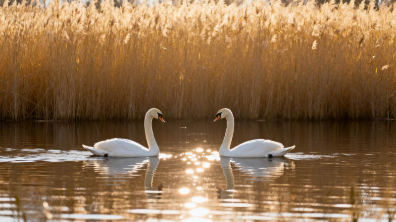 天鹅戏水 芦苇映金辉图片