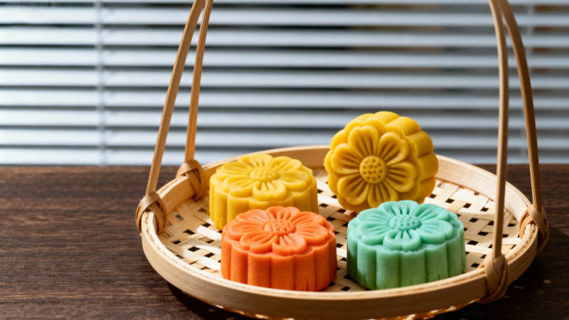 竹篮四色花形月饼图片