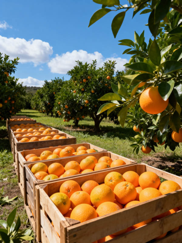 橙园丰收 木箱满载阳光果图片