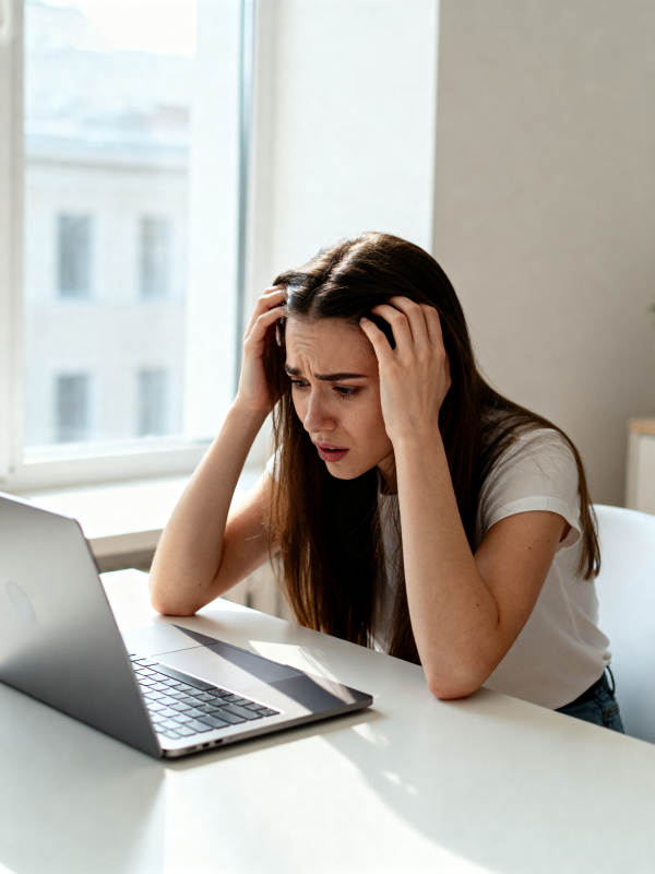 电脑前焦虑抓头的女孩图片