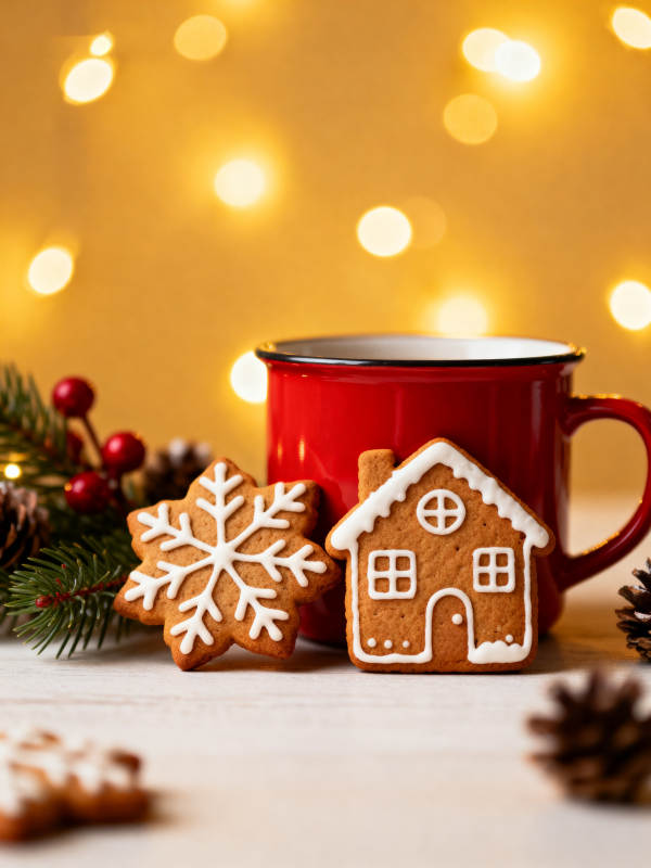 姜饼屋配红杯 暖光圣诞夜图片
