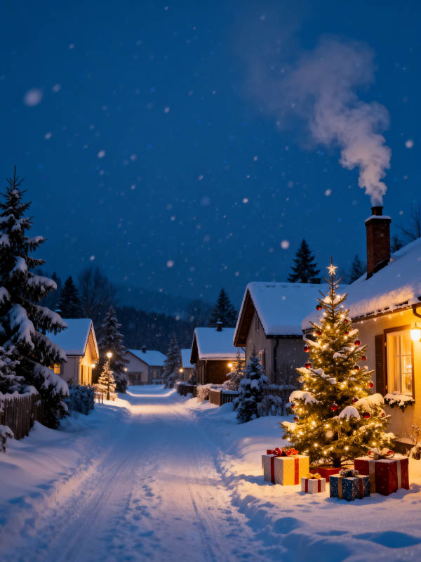 雪夜圣诞小屋 灯火暖人心图片