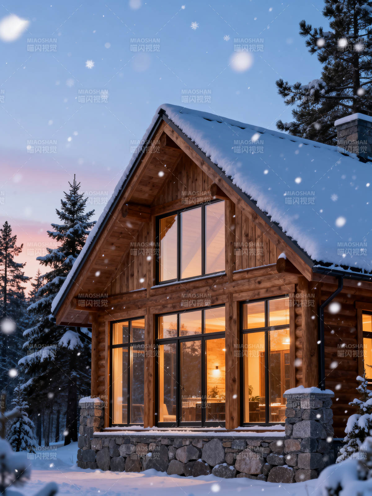 雪夜木屋 暖光映窗棂图片