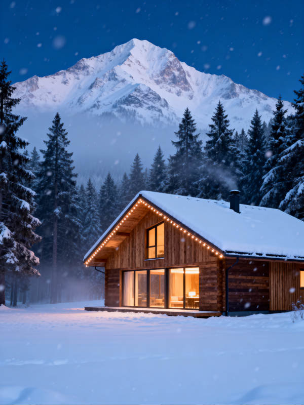 雪夜山居 暖光映雪峰图片