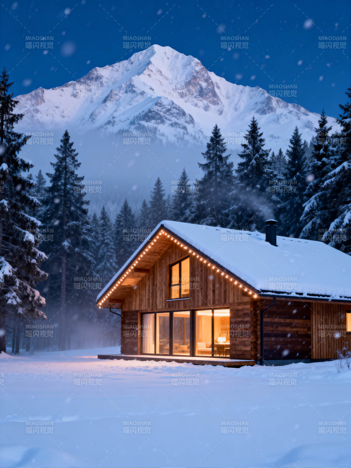 雪夜山居 暖光映雪峰图片