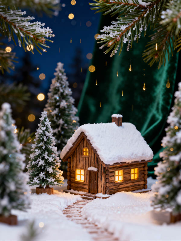 雪夜小屋 暖光迎圣诞图片