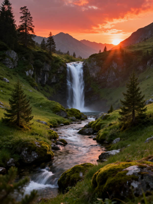 夕阳瀑布 山涧流金图片