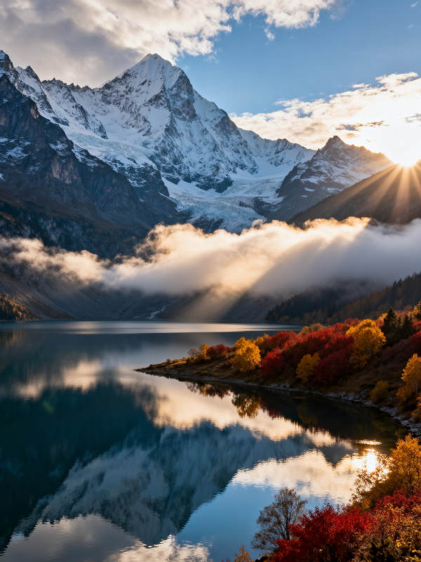 雪山秋湖 云霞映彩林图片