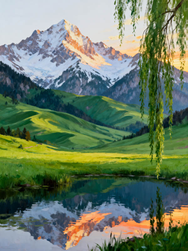 雪山映湖 柳垂绿野夕照图片