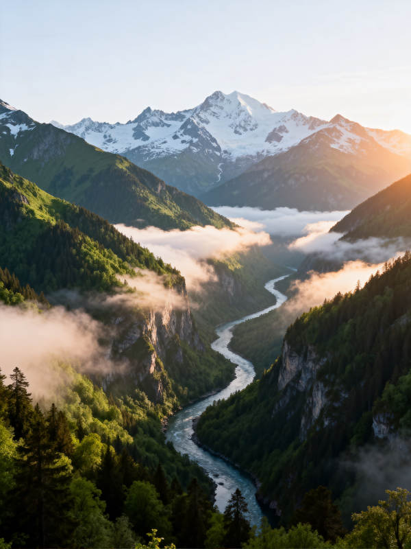 雪山云海绕河湾图片