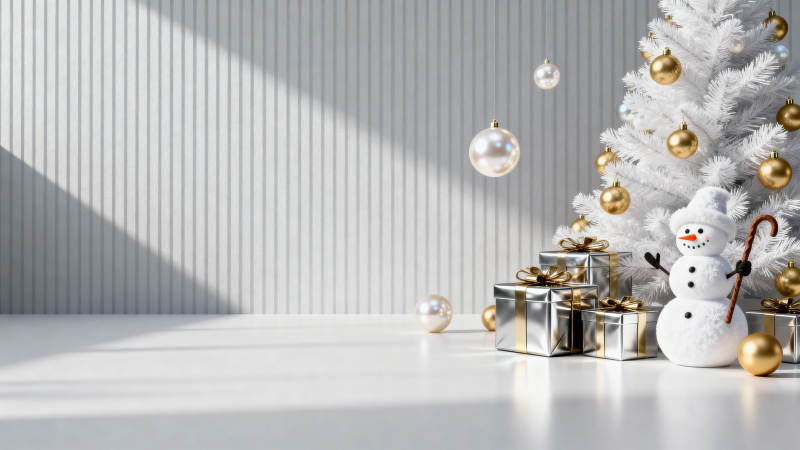 白圣诞树与雪人礼盒场景图片