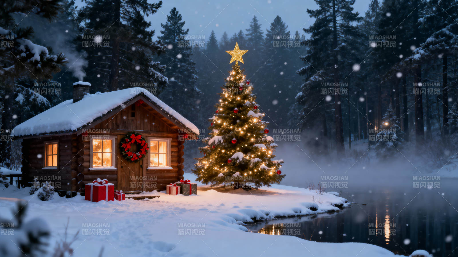 雪夜木屋圣诞树 温馨如梦图片