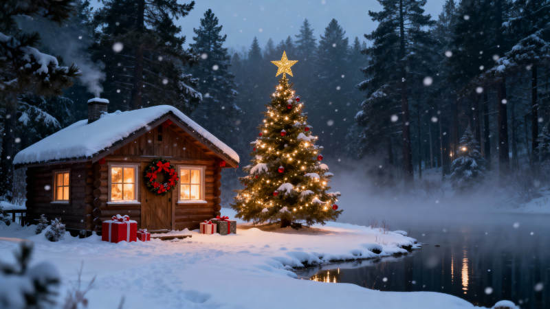 雪夜木屋圣诞树 温馨如梦图片