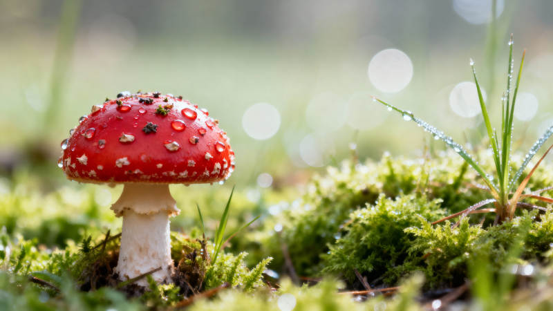 红菇缀露 苔藓晨光图片