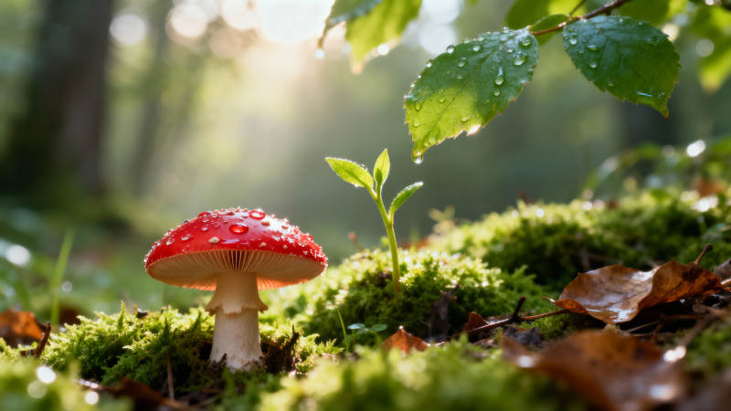 林间红菇伴新芽图片