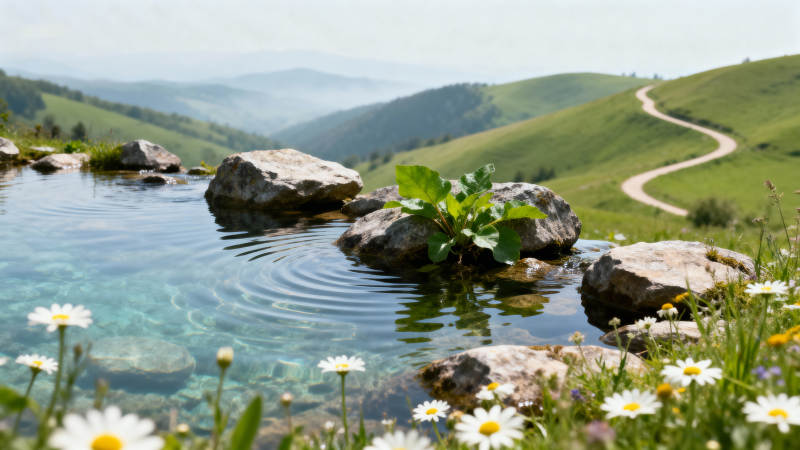 山涧清泉 雏菊环绕图片