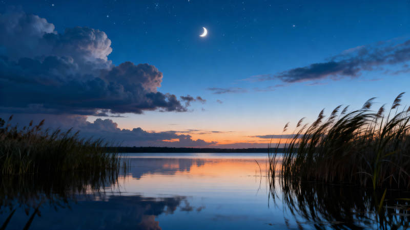 月夜湖光 芦苇静默如诗图片