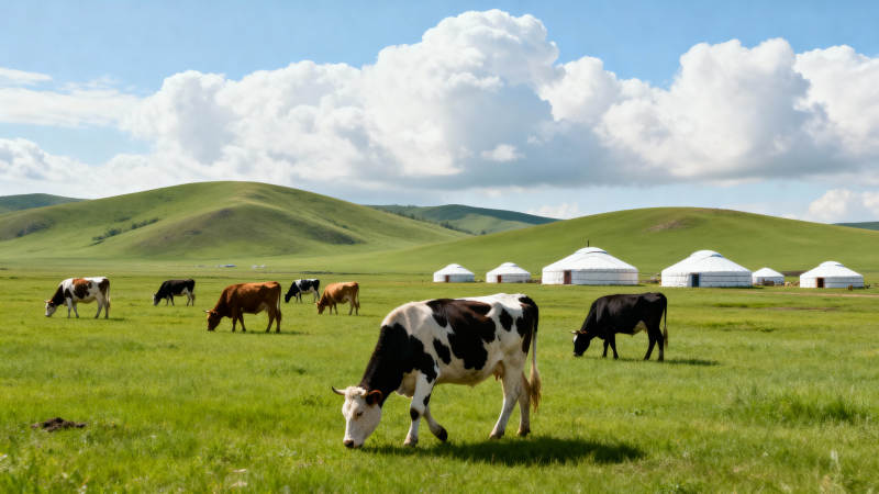 草原牧歌 牛群与蒙古包图片