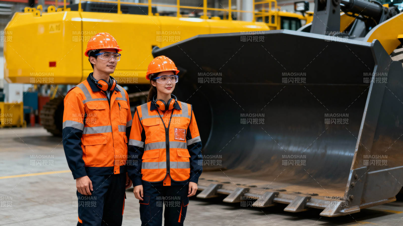 工装橙影 机械旁并肩图片