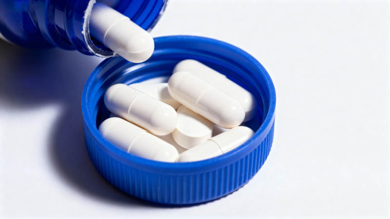 蓝色药瓶盖中的白色胶囊图片