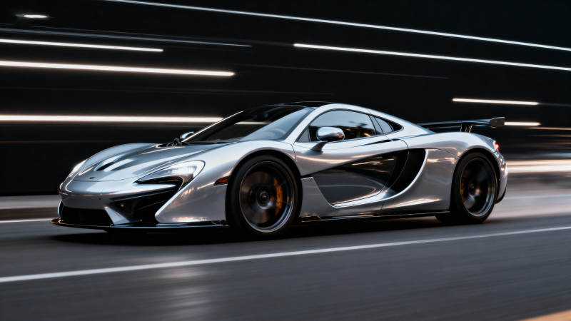 银色超跑疾驰隧道中图片