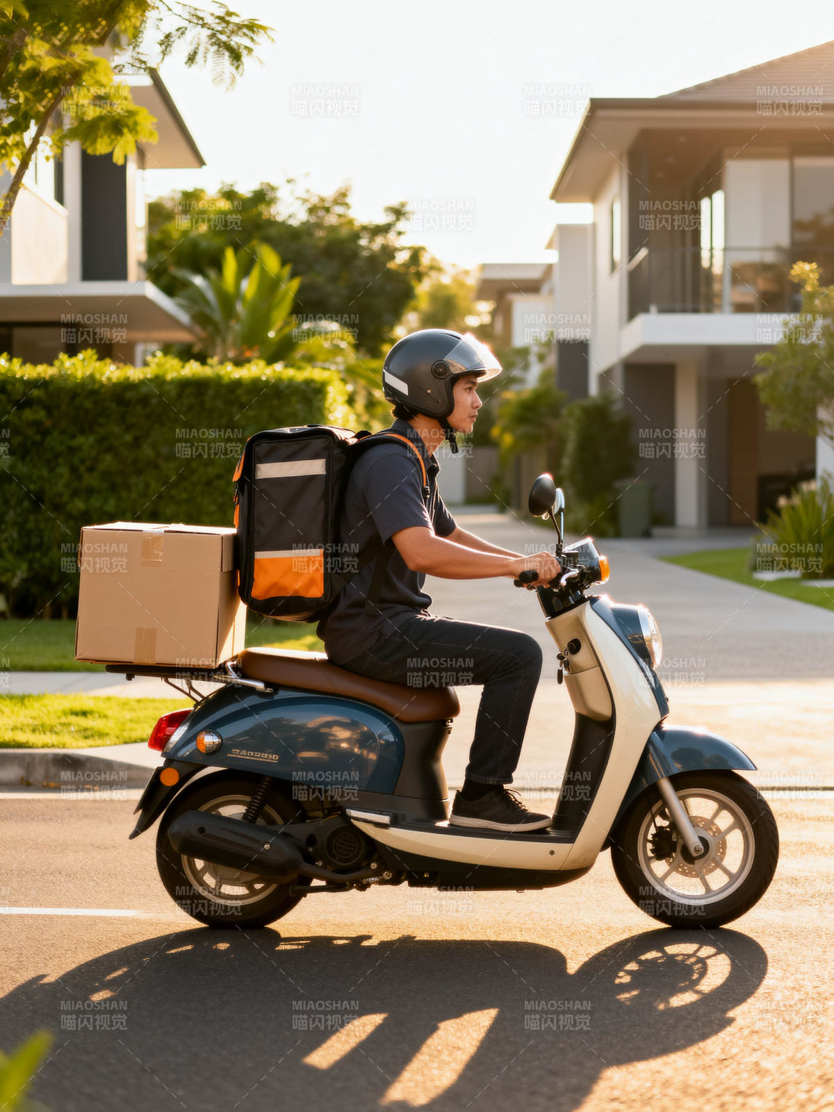 骑手送餐 阳光街道穿梭中图片