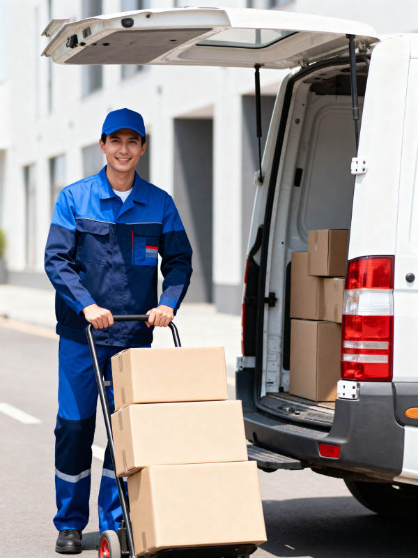 快递员送货上门微笑服务图片