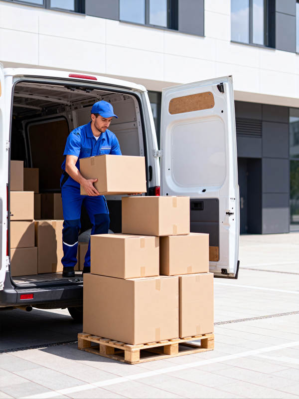 快递员卸货中图片