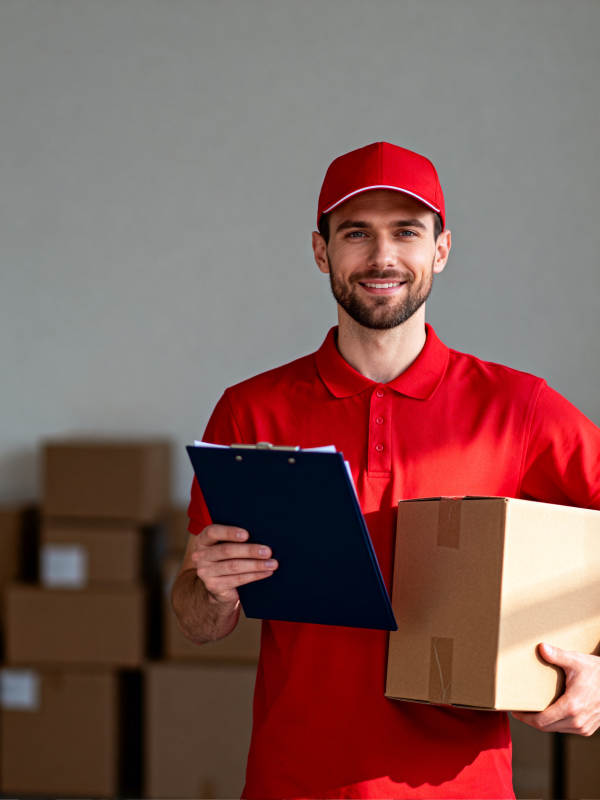 快递员微笑送包裹图片