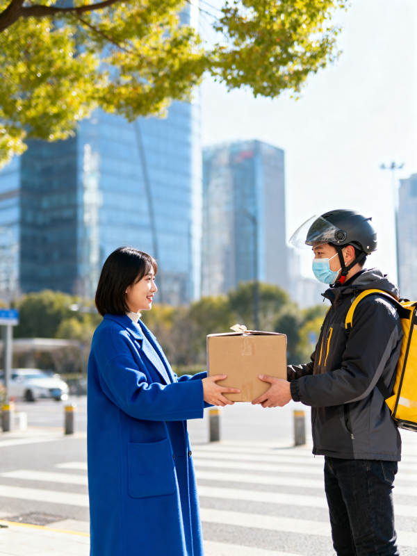 城市街头快递交接瞬间图片