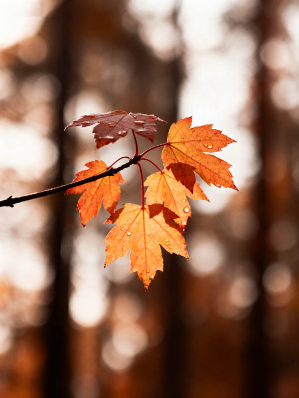 秋叶带露 暖光朦胧图片