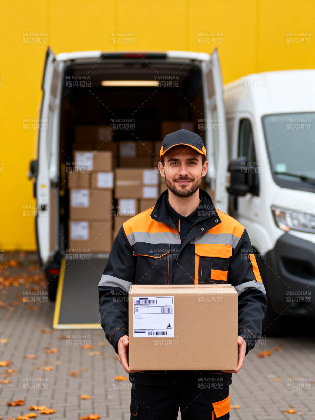 快递员送货上门微笑服务图片