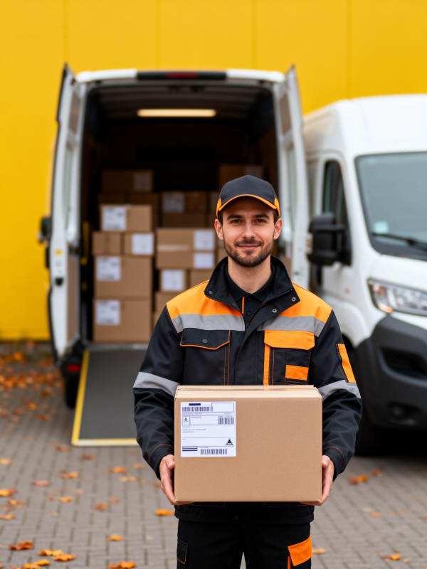 快递员送货上门微笑服务图片