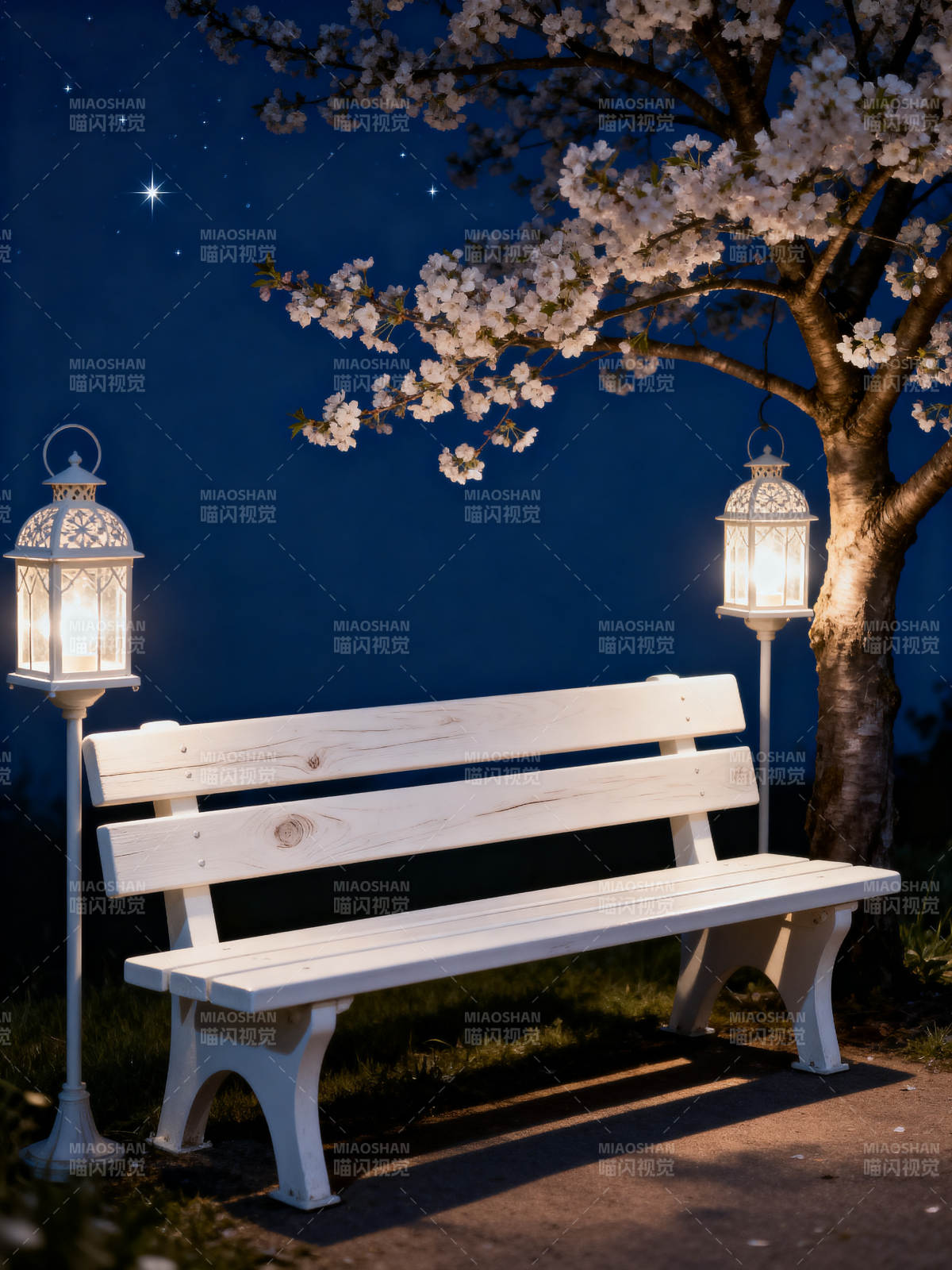 樱下长椅 星夜灯影伴眠图片