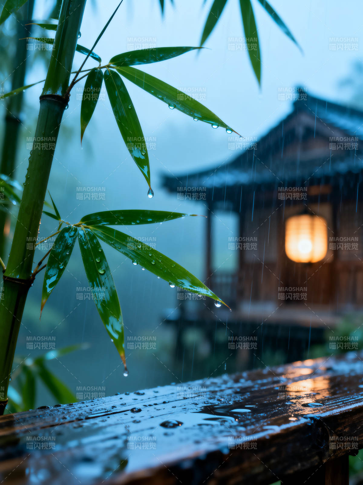 雨打竹叶 古亭灯暖图片