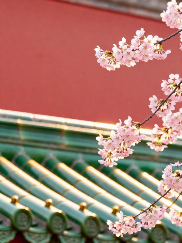 红墙绿瓦映樱花图片