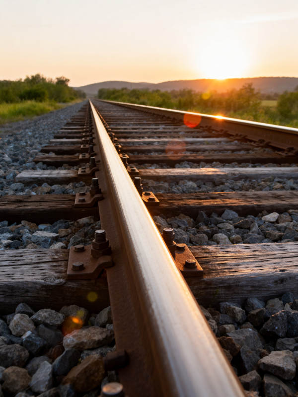 夕阳下的铁轨延伸向远方图片