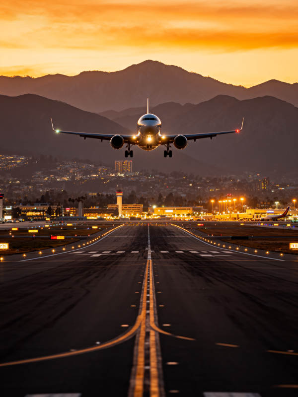 夕阳下飞机降落机场跑道图片