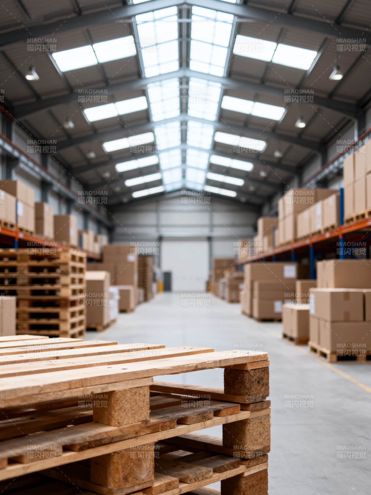 仓库托盘与纸箱堆叠场景图片